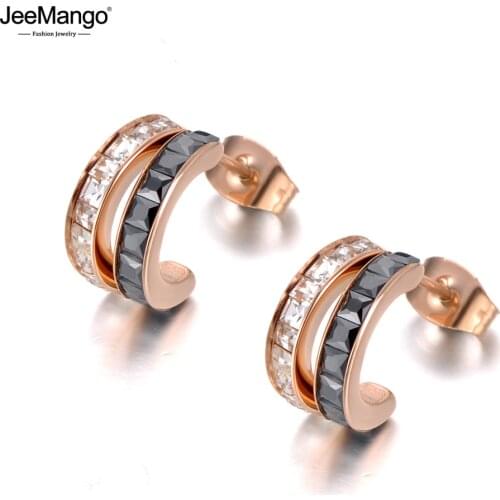 JeeMango Sparkling Stainless Steel Semicircle White/Black CZ Crystal Wedding Earrings Jewelry For Women Fashion Jewelry JE19218