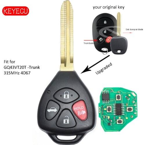 Keyecu Upgraded Remote Key Fob 4 Button 315MHz 4D67 Chip for Toyota Avalon Solar - FCC ID: GQ43VT20T - Trunk