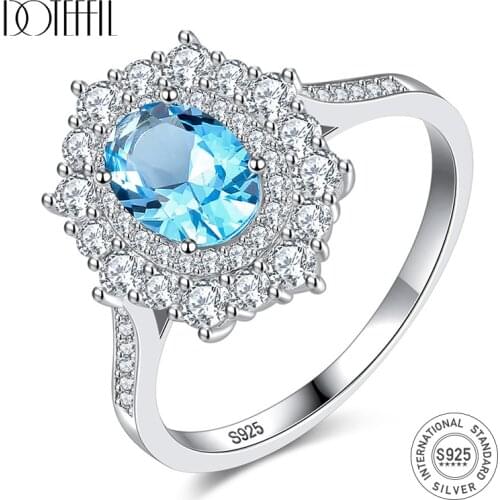 DOTEFFIL High Quality Sky Blue Topaz Brilliant Rings for Women 100% 925 Sterling Silver Flower Bridal Engagement Rings Jewelry