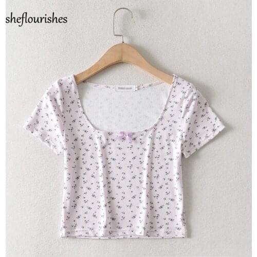Summer T shirt women short sleeve t shirt korean floral tops vintage square neck cropped t shirts cute slim tops purple
