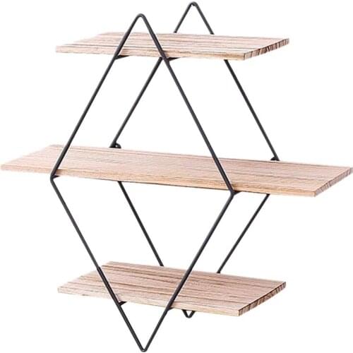 Retro Ins Wood Iron Diamond 3 Tier Wall Shelf Wall Mounted Storage Rack Organization Wall Decoration Holder Storage Shelf