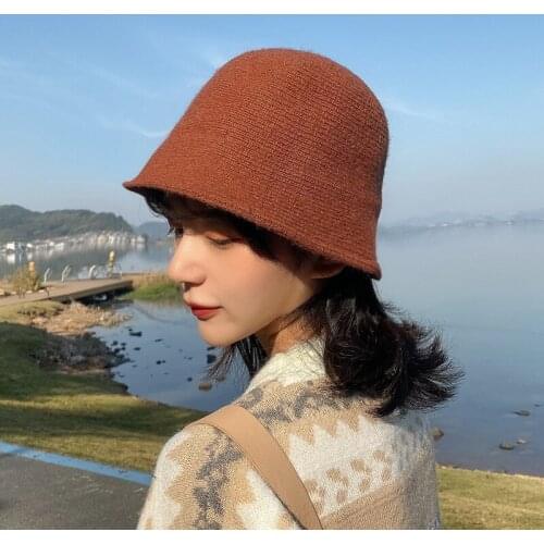 Women Girls Sweet Winter Autumn Fashion Bucket Hats Sun Caps Korean Style Knitted Vintage Woman Outdoor Fishing Caps Headdress