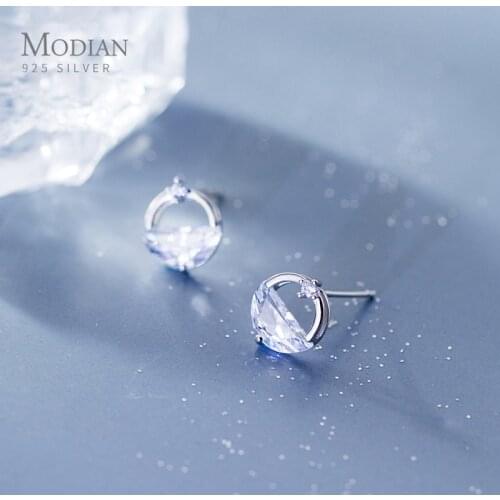 Modian Sparkling Geometric Cubic Zirconia Round Charm Stud Earrings 925 Sterling Silver Luxury Ear For Women Wedding Jewelry