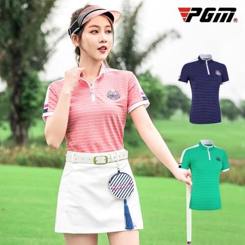 PGM Women Striped Short Sleeves Golf Shirts Summer Ladies Breathable Training Shirt Turn Down Collar T-shirt D0775