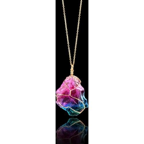 Rainbow Natural Stone Pendant Necklace Fashion Crystal Chakra Rock Necklace Gold Color Chain Quartz Long Necklace Jewelry Gift