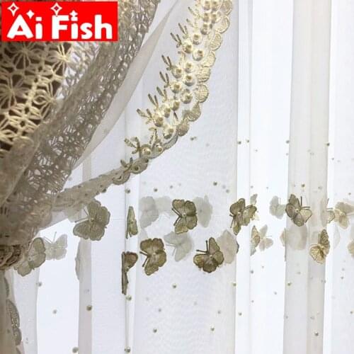 Luxury Beautiful Beige Voile Drapes Three-Dimensional Butterfly Beaded Embroidered Window Screens Tulle Curtain For Living Room