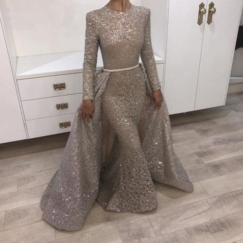 Gray Muslim Evening Dresses Mermaid Long Sleeves Lace Beaded Formal Islamic Dubai Kaftan Saudi Arabic Long Evening Gown