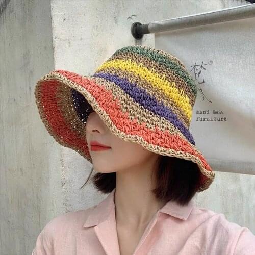 New Summer for Women Female Korean Fashion Rainbow Bucket Fisherman Hat Foldable Sun Hats Travel Holiday Straw Hat Handmade