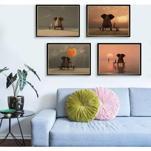 Elephant Animal Scenery sunset love Home Decor Paintings Wall Art HD Kraft poster Creative Poster Modular Living Room