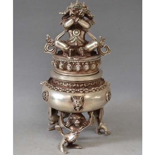 Tibet Tibetan Silver Mahakala Buddha Incense Burner Censer