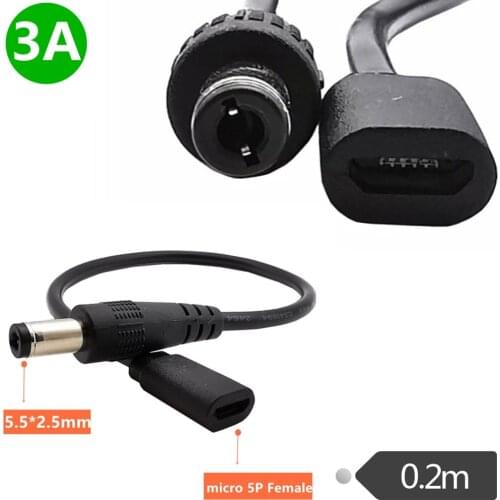 DC 5.5mm x 2.1mm Male to Micro USB 5pin Female DC Power Supply Extension22AWG 3A Adapter Cable ,0.2m