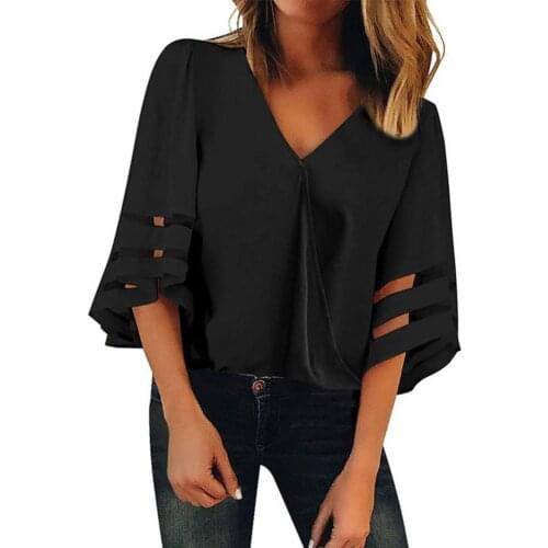 Spring Summer New Womens 3/4 Flare Sleeve Blouse Loose Mesh Stitching Shirt V Neck Ladies Casual Elegant Shirts Tops