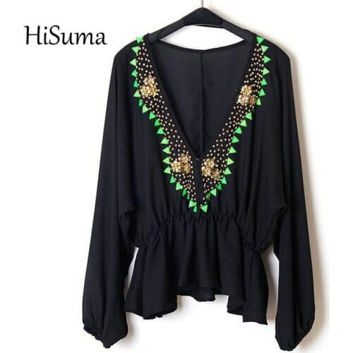 2019 Spring Autumn New Womens deep V-neck beading long-sleeve embroidery cotton Shirts Blouses Women Shirt