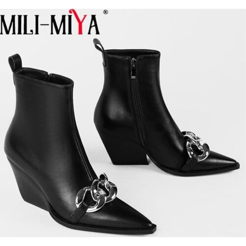 MILI-MIYA Sexy Pointed Toe Chunky Heels Women High Quality Leather Metal Chain Decor Ankle Botas Punk Style Handsome Party Shoes