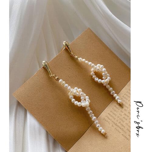 PerisBox Gold Color Knotted Natural Freshwater Pearl Earrings Waterdrop Geometric Earrings for Women French Dangle Earrings Hot