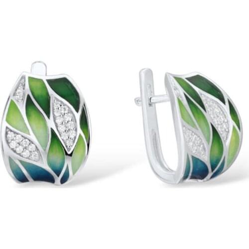Ladies 925 Sterling Silver Earrings Green Enamel Leaves Stud Earrings Zircon Jewelry Retro Fashion Earing Women Anniversary Gift