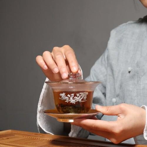 Tin inlaid glass cover bowl tea cup tureen large size bowl tea making heat-resistant thickened tea set Chinese teaware