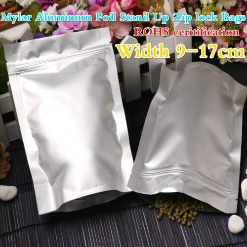 50 pc Small Size Mylar Aluminum Foil Stand Up Zip lock Bags,Zipper Bags Food Storage Oxygen Barrier Bags Width From 9cm to 17 cm
