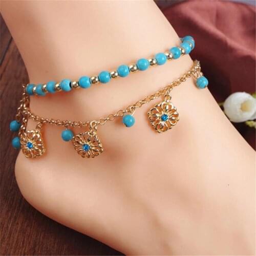 Simple Turquoises Anklets for Women Fashion Barefoot Sandals Chain Ankle Bracelets on the Leg Feet Jewelry Children Gift