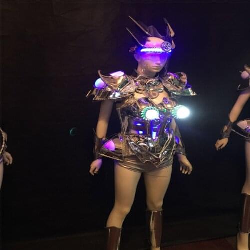 BS05 Ballroom dance led light costumes stage armor wears robot suit dj singer dress bar bodysuit performance silver mirror cloth