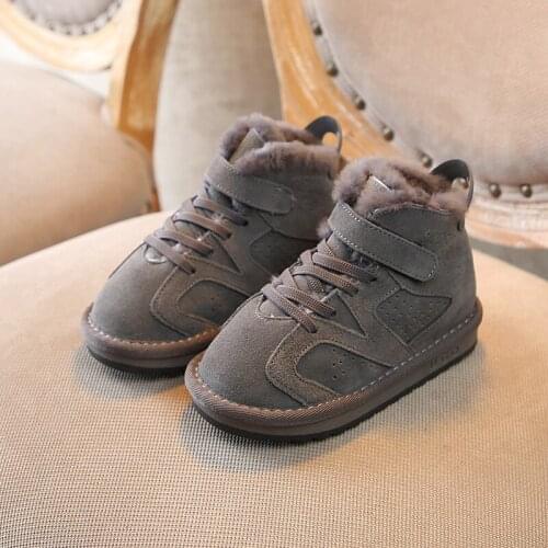 Kids Snow Boots Plush Children Girls Ankle Boots Genuine Leather Winter WarmThicken Non-slip Soft Boys Boots Black Grey SX216