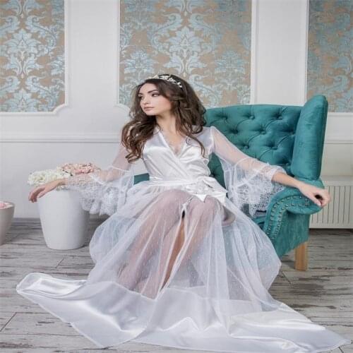 Elegant Bride Sleepwear Robes With Belt Soft Silk Satin Sexy V Neck Short Sleeve Custom Made Lace Women Sleepwear Pajamas Dress