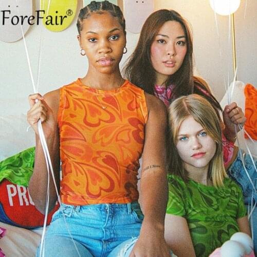 Forefair 2021 Summer Mesh Pink Y2k Crop Top Women Sleeveless Heart Print Shirts O Neck Green Tank Sexy Tops Fashion Casual