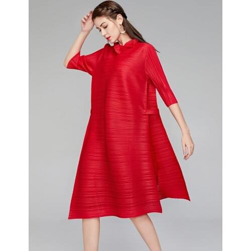 HOT SELLING Miyake fold dress solid Tthree quarter laciness round collar fold fashion dress IN STOCK