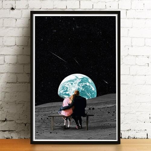 People in love Earth Canvas Art Print and Poster Surrealism Galaxy Space Honeymoon Canvas Painting Wall Picture Sci-Fi Art Decor