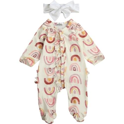0-12M Newborn Baby Girl Romper Headband 2pcs Outfit Long Sleeve Romper Jumpsuits Autumn Clothes Sunsuit