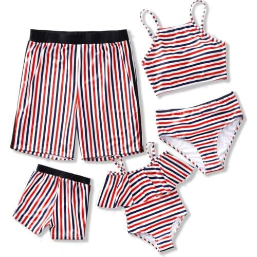 Simple Style Striped Women or Girls Bikini Set Mommy and Me Swimsuit Father Son Swimming Trunks Family Matching Clothes