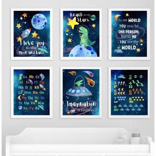 Space Dinosaur UFO Education Number Alphabet Nursery Wall Art Print Canvas Painting Nordic Poster Decor Pictures Baby Kids Room