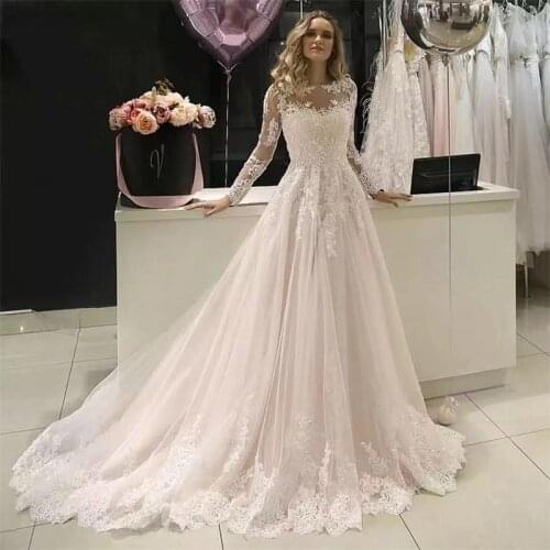 9724#A-Line Backless Round Neck Lace Applique Sheer Long Sleeve Plus Size Wedding Dress Sweep Train Bride Dress