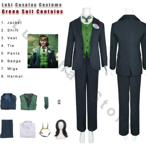 Loki Cosplay Costume Horns Helmet Jacket Shirt Vest Pants Tie Badge Wig 8Pcs Adult Man Woman Office Uniform Green Suit Halloween