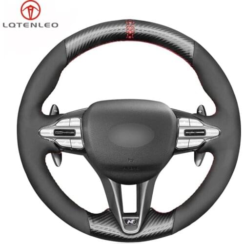 LQTENLEO Black Carbon Fiber Suede Hand Sew Car Steering Wheel Cover For Hyundai Veloster N 2019 2020 2021 i30 N 2018 2019 2020