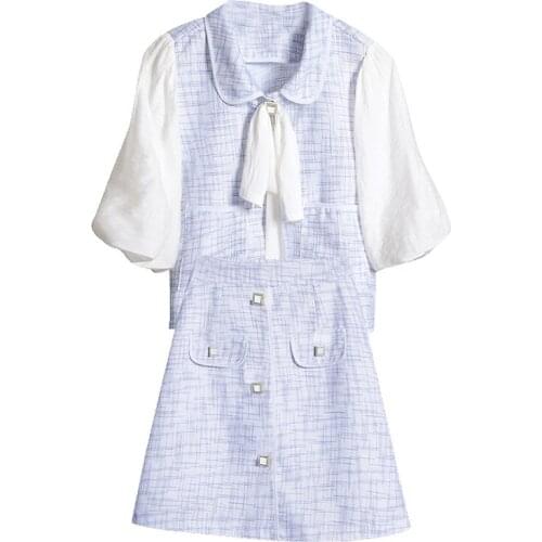 PERHAPS U Blue Apricot Plaid Patchwork Bow Puff Short Sleeve Top Empire Button Mini A-line Skirt Elegant Two Pieces Set T0327