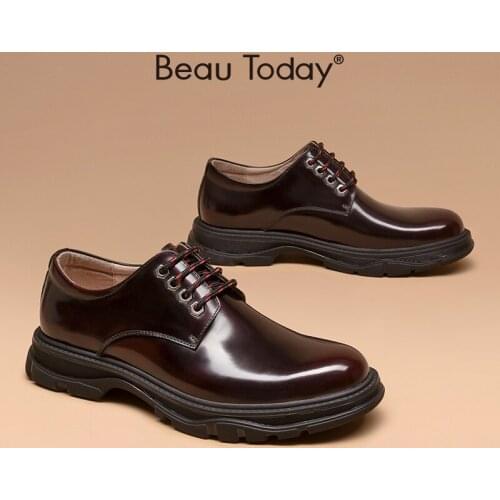 Derby Shoes Men Genuine Cow Leather Glossy Thick Sole Round Toe Business Flat Gentlemen Fashion Autumn Handmade BeauToday 55511
