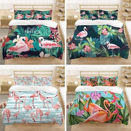 Cartoon Pink Flamingo Leaf Printed Bedding Set High Quality Down Quilt Cover Pillowcase Double Bedsheet Full Queen King Quilt