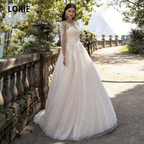 LORIE Luxury Wedding Dresses O-Neck Appliques Lace Long Sleeves Ivory White Tulle Boho Bride Gown 2021 vestidos de novia