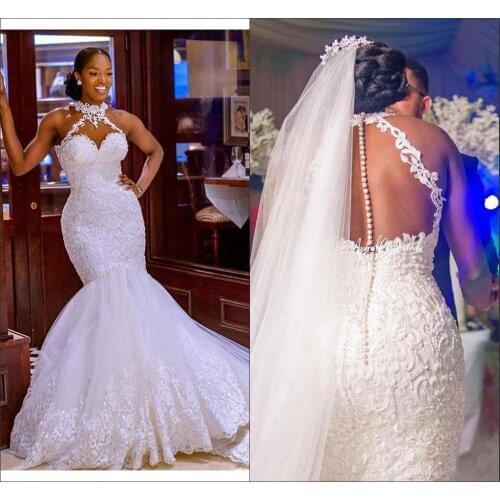 Halter Mermaid Wedding Dresses 2023 Tulle South African Designer Applique Beaded Sequins Top Wedding Dress Bridal Gowns Cheap