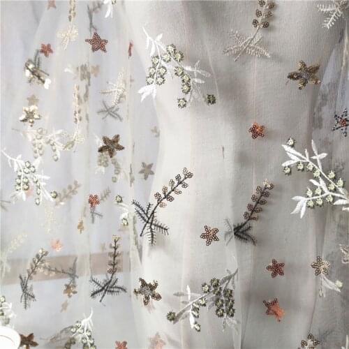 Sequined star wheat ear embroidery fabric apricot mesh embroidery tulle lace fabric skirt dress womens clothing fabric