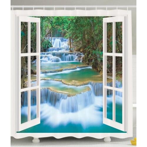 Jungle Shower Curtain Waterfall in Forest Jungle Landscape Nature Scenery Panoramic Through Wooden Windows Bathroom Curtains