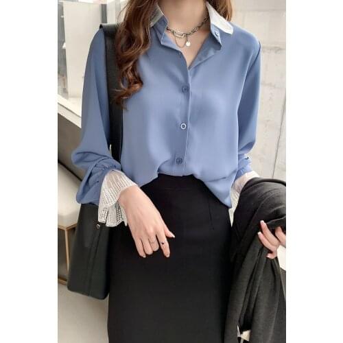 Womens Chiffon long sleeve spring autumn lace butterfly sleeve patchwork loose bottoming shirt female top over size office xxxxl