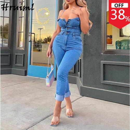 Hot Sale Jumpsuit Woman Summer Blue Denim Plus Size Suspender Bodysuit Women Off Shoulder Button Pockets Fashion Overalls 2021