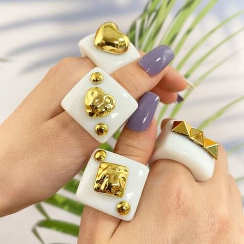 KISS WIFE Geometric White Large Size Finger Rings For Women Girls Heart Round Couple Ring Fashion Jewelry Friends Gifts