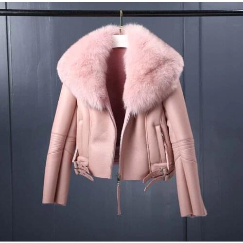 Womens short lamb fur coat fox fur collar sheep shearing fur parka real fur coat winter warm jacket