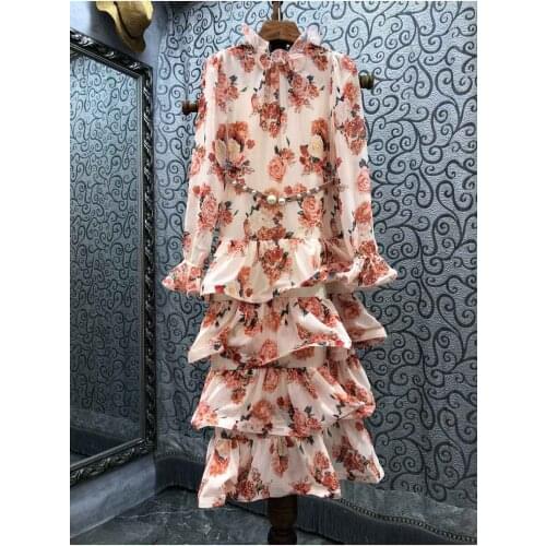 Beautiful Dress 2021 Autumn Fashion Party Events Women Charming Floral Print Beading Belt Deco Long Sleeve Cascading Ruffle Dres