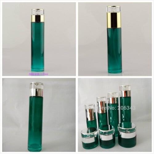 120ml green glass bottle with gold/silver pump/lid for lotion/emulsion/serum/foundation/toner skin care cosmetic packing