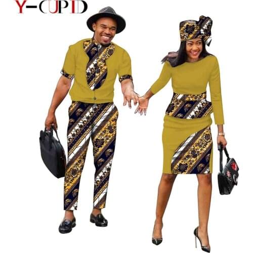 African Clothes for Couples Women Print Headtie Top and Skirts Sets Matching Bazin Riche Men Outfits Top and Pants Sets YS19C003