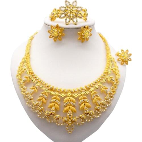 African Jewelry Sets Necklace Bracelet Dubai Gold Jewelry Set for Women Wedding Party Bridal Earrings Ring Jewellery